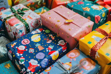 A pile of colorful, creatively wrapped Christmas gifts for kids, adorned with character stickers, glitter, and playful patterns