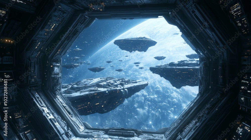 Aufkleber view from spaceship window with fleet of spacecraft orbiting planet.