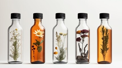 Five glass bottles with black caps containing various dried flowers and plants arranged in a row on a plain background.