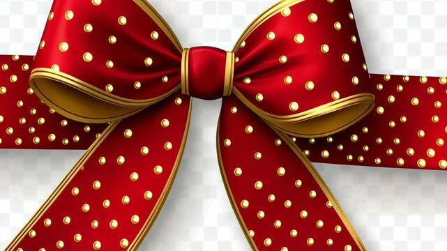 A red ribbon with gold trim and polka dots is tied into a bow