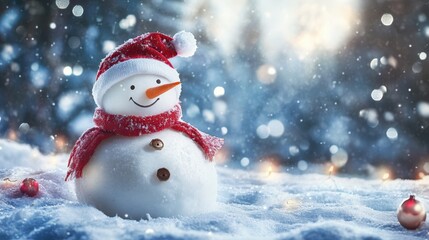 Fototapeta premium Festive snowman adorned with a red scarf and hat in a snowy, magical winter scene.