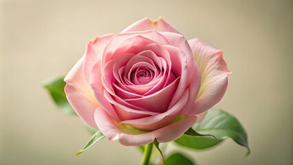 Fototapeta premium A delicate pink rose with a vibrant green stem and lush leaves embodies nature's beauty in this minimalist photography, capturing elegance in simplicity.