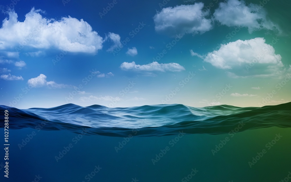 Poster ocean surface and depths. blue sky with fluffy clouds above a tranquil ocean surface, transitioning 