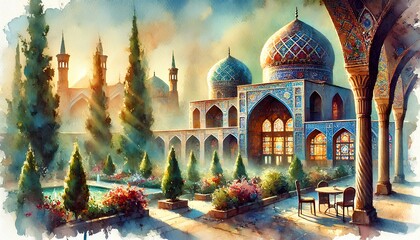 Naklejka premium A watercolor painting of Shiraz, showcasing the Nasir al-Mulk Mosque, lush gardens, and serene pathways under warm sunlight.
