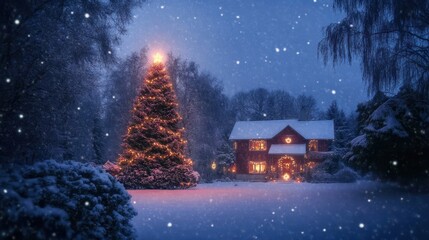 Fototapeta premium Cozy snow-covered house with a beautifully lit Christmas tree glowing in the quiet winter night.
