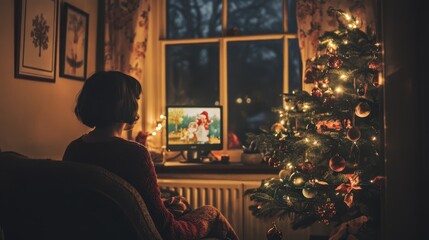 A woman enjoys a cozy Christmas evening watching a holiday movie next to a beautifully decorated tree.
