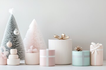 Delicate pastel ceramic Christmas tree with beautifully wrapped gift boxes arranged for a festive holiday display