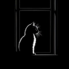 Fototapeta premium A black cat silhouette sits in a window, illuminated by the light outside.