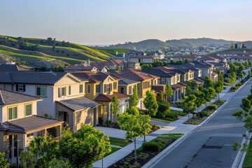 Fototapeta premium A neighborhood with houses and a street, generative ai image