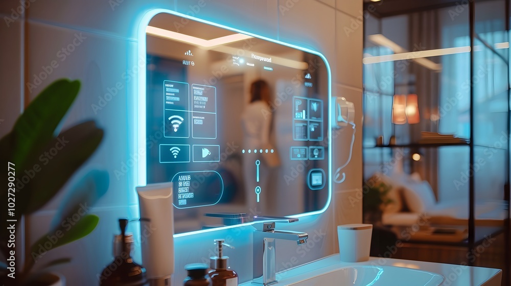 Aufkleber smart mirror displaying communication tech in home environment