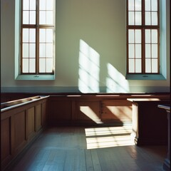 Fototapeta premium Sunlight streams through tall windows into a bare, wooden-floored room, creating geometric patterns and a serene, contemplative atmosphere.