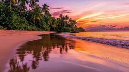 Obraz premium A secluded tropical beach at sunset, with golden sand and calm waves reflecting the vibrant pink, orange, and purple hues of the sky.