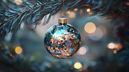 Close-up of a shimmering Christmas ornament hanging on a pine tree branch, surrounded by festive bokeh lights.