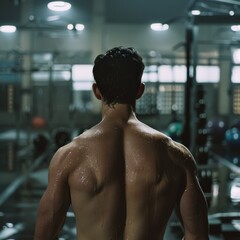 In a gym's shadowed expanse, a muscular back glistens with sweat, embodying dedication and the pursuit of strength, echoing passion and perseverance.
