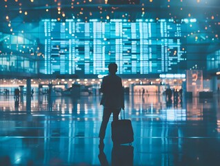 Silhouetted Traveler Navigating Illuminated Airport Terminal at Night