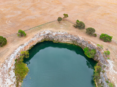 Aerial view of trees along a perimeter fence of a lake in a natural sinkhole