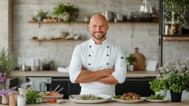 A skilled bald chef proudly showcases his culinary creations in a modern kitchen filled with fresh ingredients and vibrant plates