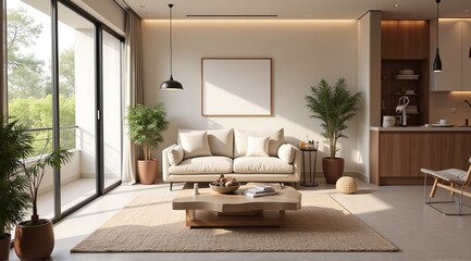 Charming living room with elegant decor and abundant greenery, bright and inviting atmosphere