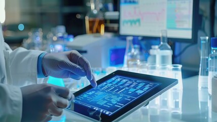 Scientist analyzing data on digital tablet in laboratory setting with technology interface