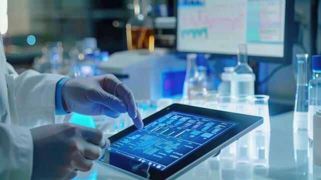 Scientist analyzing data on digital tablet in laboratory setting with technology interface