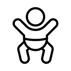 Simple line vector of a baby icon with arms raised, representing happiness, childhood, and joy. Suitable for designs related to parenting, babies, family, and child care services. Editable stroke.
