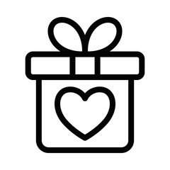 Line icon of a wrapped gift with a heart symbol in the center, symbolizing love, affection, and thoughtful presents for special events. Editable stroke.