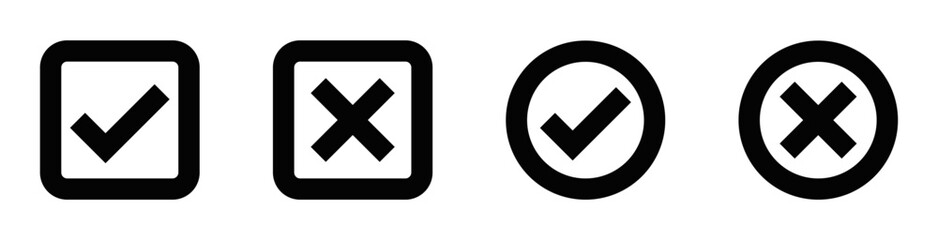 Set of check and cross icons in various shapes. Ideal for interface design, to represent approval or rejection in digital environments. Editable stroke.