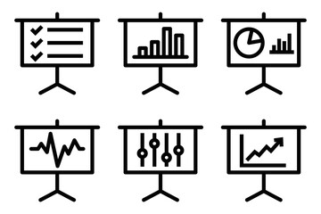 Set of six presentation icons with different data visualizations, including checklists, graphs, and charts. Perfect for business or analytics themes. Editable stroke.
