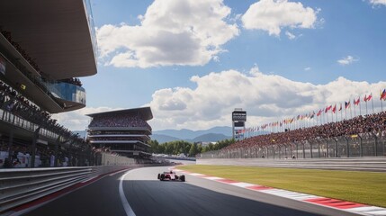 An iconic Formula 1 racetrack with smooth curves and wide lanes, surrounded by cheering crowds and colorful flags waving in the stands