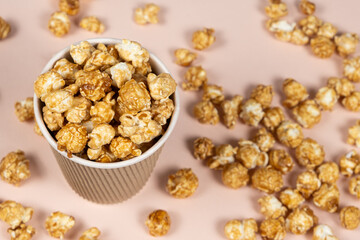 Sweet caramelized popcorn in a bucket.