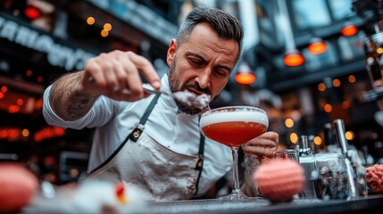 Bartender expertly crafts a cocktail in a stylish bar during the evening hours