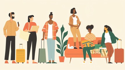 A group of diverse travelers standing and sitting at an airport or train station.