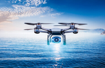 Futuristic Drone Hovering Over Water Surface