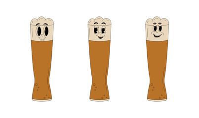 Set retro groovy characters. Funky alcohol beer wine glass with different emotions. Vintage vector illustration 60s, 70s style