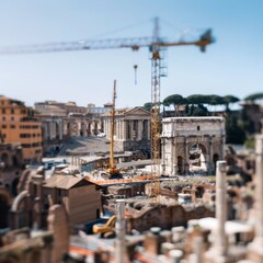 Overlook of an ancient city under construction, with cranes towering against a blue sky, blending history with modern development.