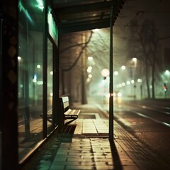 A misty, deserted bus stop glows under streetlights, reflecting an air of calm solitude amid blurred urban surroundings.