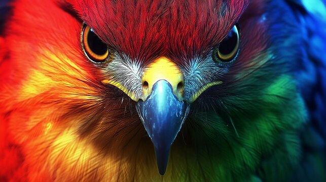 Surreale Nahaufnahme: Falke in leuchtenden Regenbogenfarben, Vorderansicht. Durchdringende Augen, detailliertes Gefieder. Kreativ, Vielfalt, Freiheit, Naturschutz-Konzept