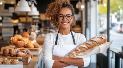 A smiling baker stands proudly in her French bakery with freshly baked bread displayed behind her