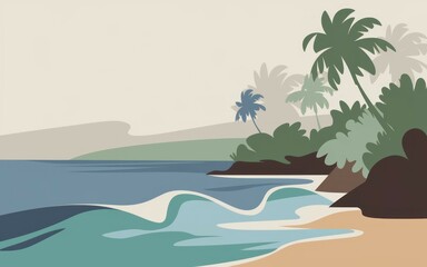 Tropical beach scene. Minimalist illustration of a tropical beach with palm trees, sandy shore, and gentle waves.