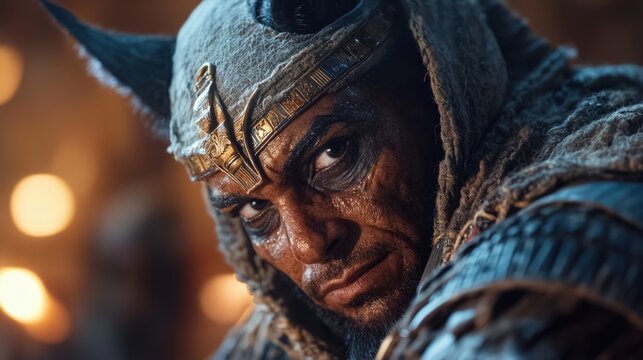 Warrior in elaborate costume stares intensely in ancient setting during nighttime