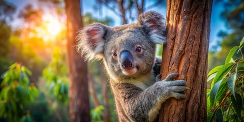 Fototapeta premium A koala expertly climbs a tree trunk, surrounded by the lush greenery of an Australian forest, showcasing the beauty of wildlife in its natural habitat.