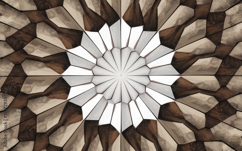 Poster geometric wooden pattern. abstract geometric design, with brown wood pieces creating a sunburst effe