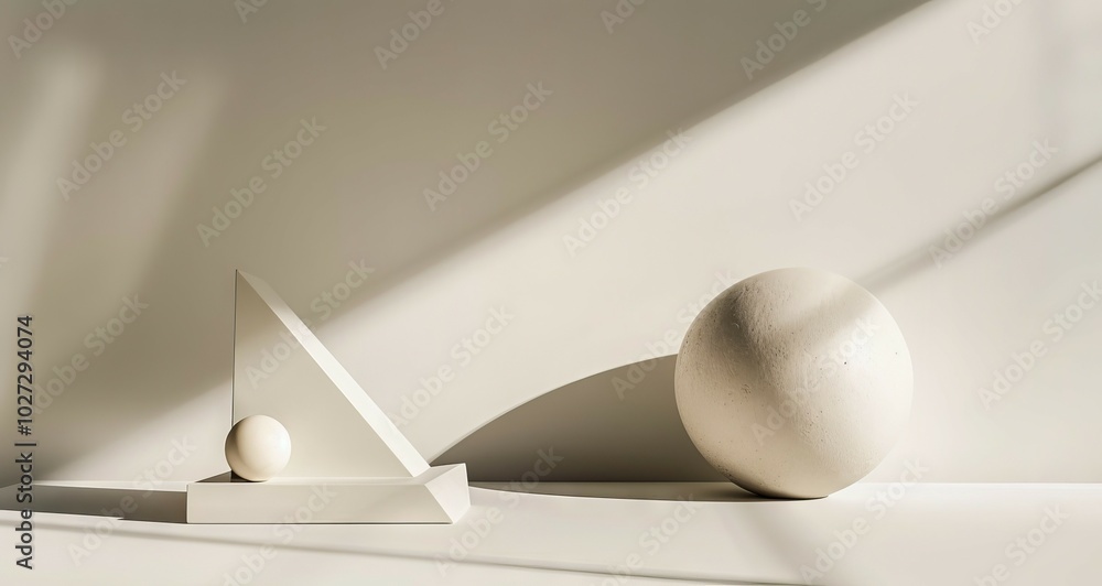 Poster minimalist shapes & light. white geometric shapes illuminated by sunlight. a triangle and sphere cas