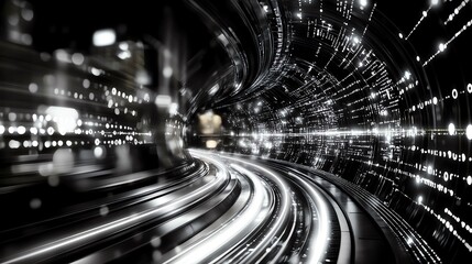 Fototapeta premium Abstract black and white digital tunnel with dynamic light streaks representing technology, speed, and futuristic motion.