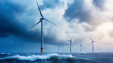 A shot of massive wind turbines scattered across a rough ocean, with high waves crashing against their bases, set against a backdrop of thick, rolling clouds, showcasing the resili