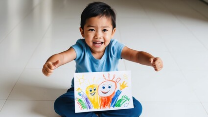 A young boy proudly displaying his colorful drawing of happy characters indoors in a bright environment