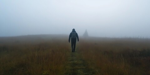 Fototapeta premium A solitary hiker walks through a misty grassland, heading towards the horizon, symbolizing exploration, introspection, and the journey of self-discovery in nature.