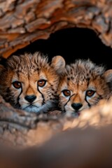 Fototapeta premium Two curious cheetah cubs peek out from their cozy den in the African savanna at sunset