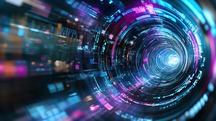 Obraz premium Abstract digital tunnel with colorful lights, representing data flow and speed in futuristic technology concept.