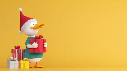 Fototapeta premium A cheerful duck holding a gift, wearing a Santa hat against a yellow background.